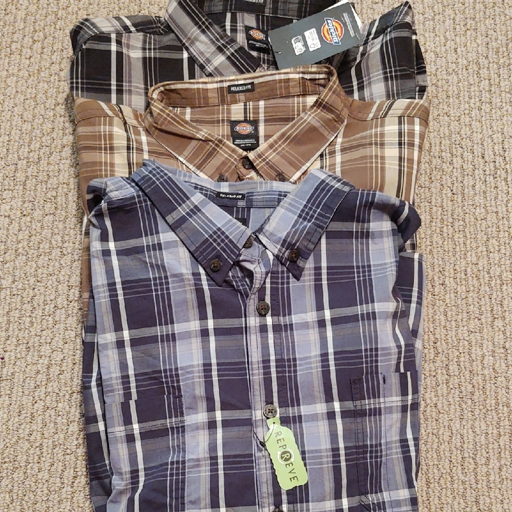 Dickies Men's Casual Plaid Button-Down Shirt - Blue, Brown, Black